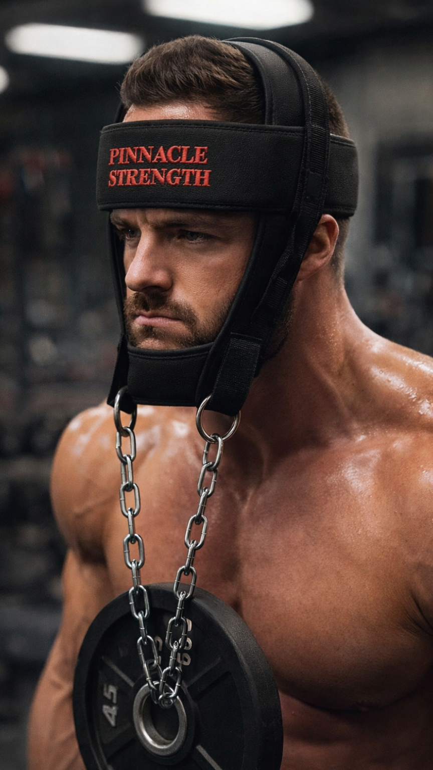 Muscular man wearing a 'Pinnacle Strength' headgear with a weight plate hanging from it, in a gym setting.